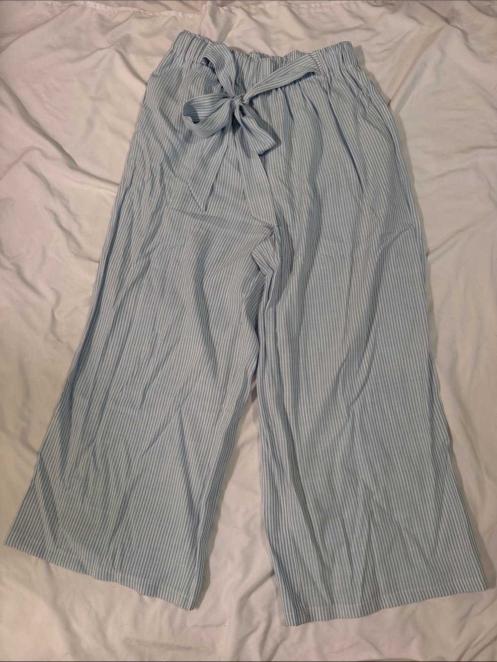 Wide Leg Tie-Waist Pants in Light Blue Pinstripe